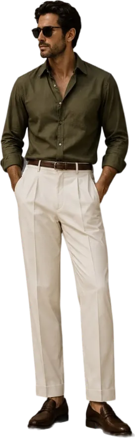 Olive shirt, cream trousers